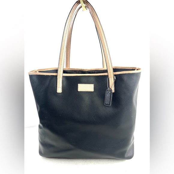Coach Park Metro F24341 Black Leather Large Tote Shoulder Bag Tan Trim - Picture 1 of 13